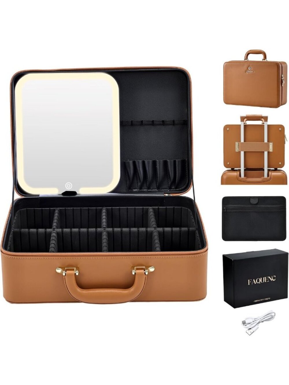 Extra Large Leather Makeup Case with LED Mirror, Adjustable Brightness, Travel